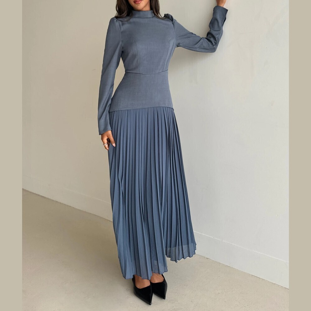 Slate Blue Mock Neck Pleated Skirt Maxi Dress